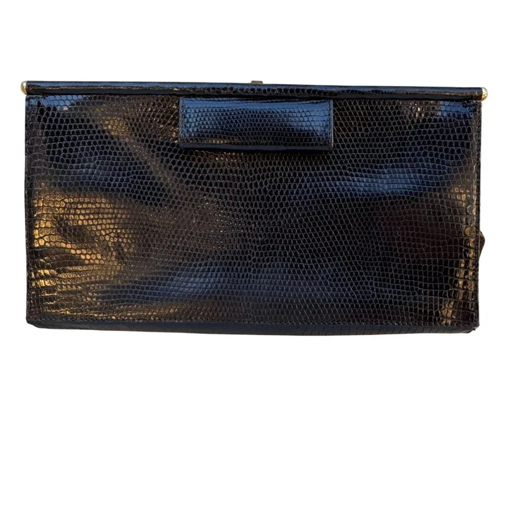 Donna Karan New York Vintage Black Genuine Lizard Skin‎ Clutch Bag Made in Italy